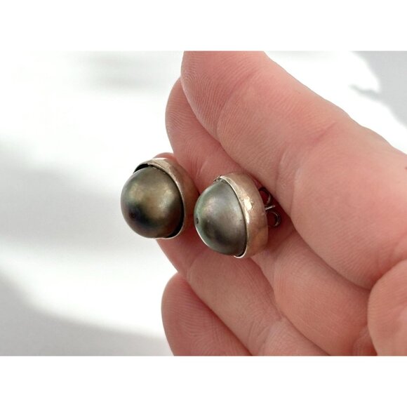Iridescent Stoned Round Cut Bezel Set Vintage Sterling Silver 925 Stud Earrings - Picture 6 of 9